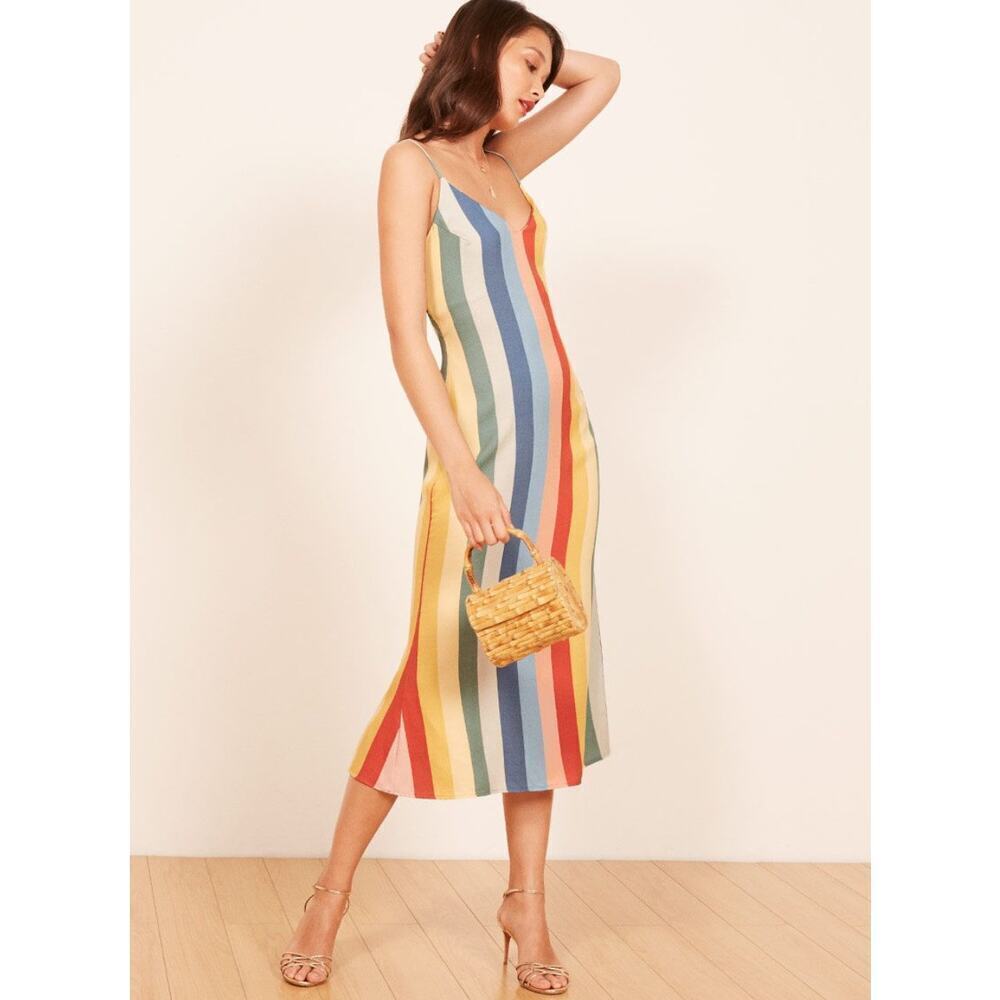 Reformation Rainbow Midi Dress 2 XS Striped V-neck spaghetti strap multicolor - Picture 11 of 11